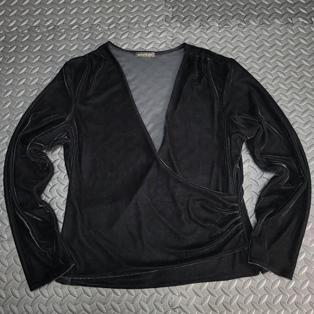 Mariage Black Velvet Wrap Top Womens Long Sleeve Deep V Y2K Going Out Top